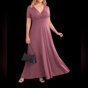 Poseshe V-Neck Short Sleeve Rose Plus Size Evening Party Maxi Dress 2X NWT